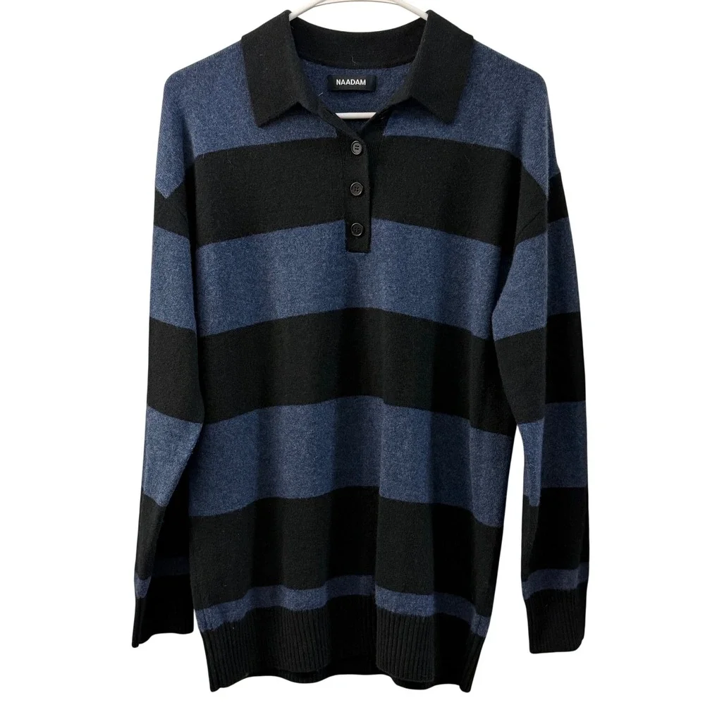 NAADAM Striped Polo Sweater Cashmere Blue Black Size XS‎ Cozy Unisex Knit